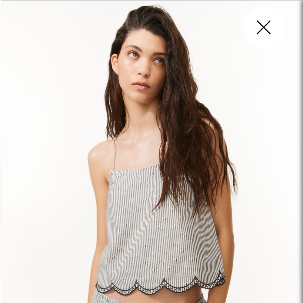 H&M EMBROIDERED TOP WITH TIE SHOULDER STRAPS | XS